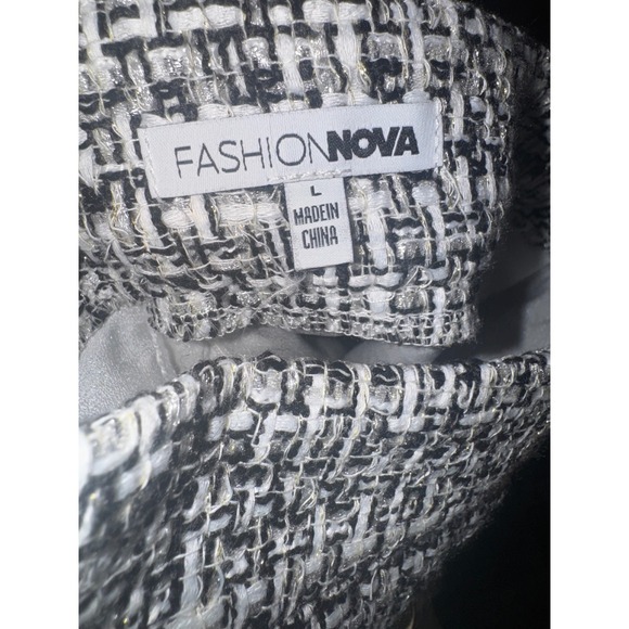 Fashion Nova Tweed Blazer Skirt Set Gold Button Black White Women L - Picture 7 of 8